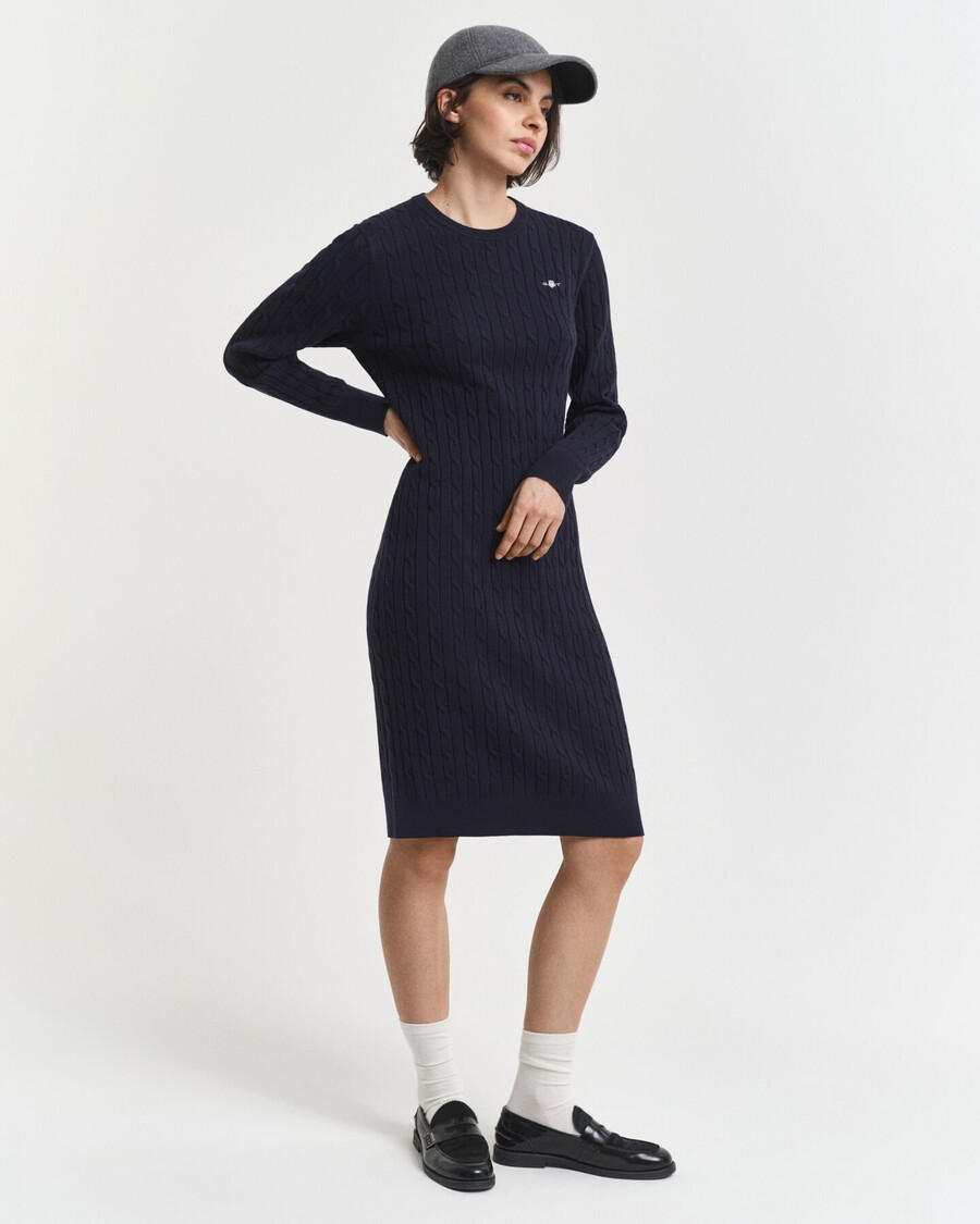 stretch cotton cable knit crew neck dress - evening blue