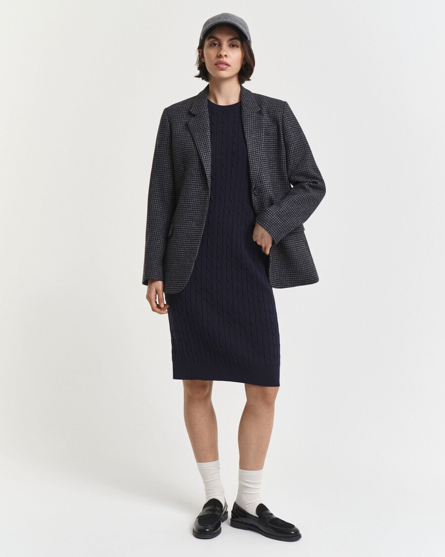 stretch cotton cable knit crew neck dress - evening blue