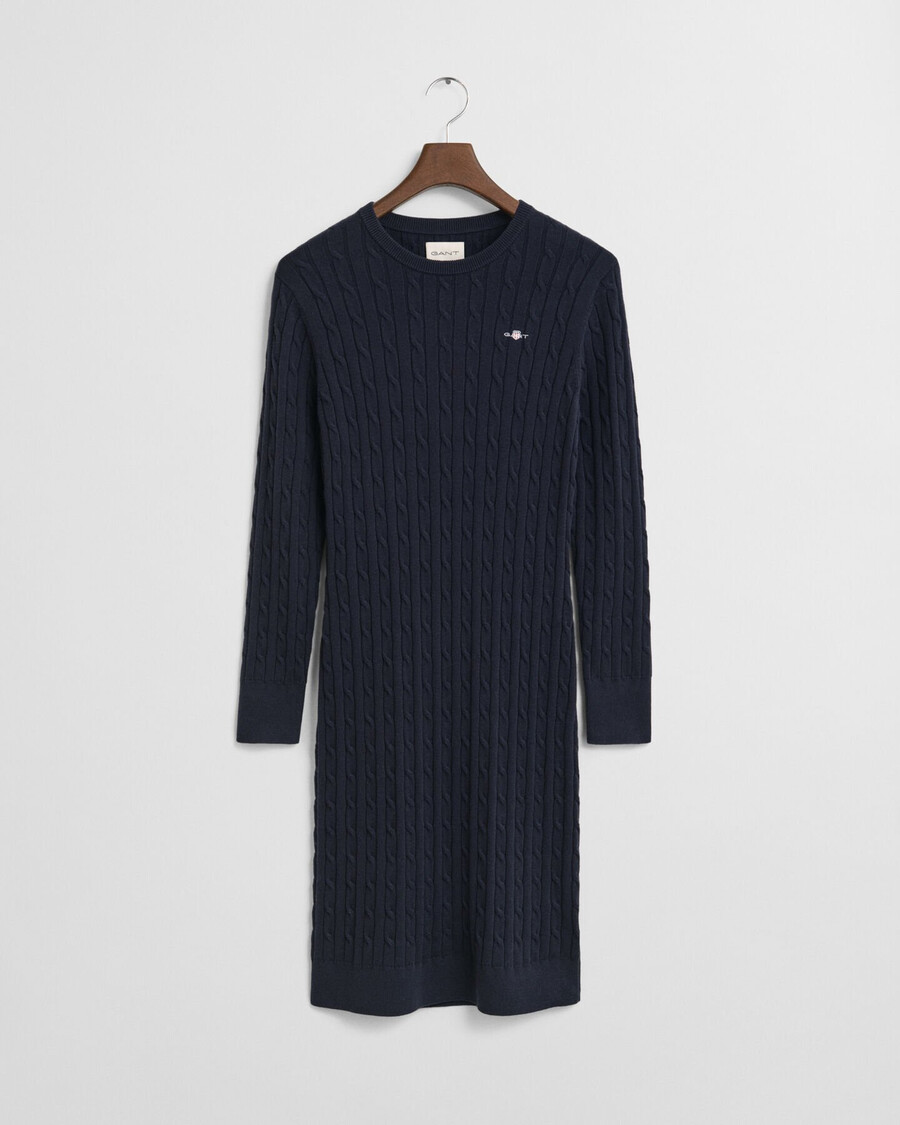 stretch cotton cable knit crew neck dress - evening blue