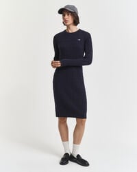 stretch cotton cable knit crew neck dress - evening blue