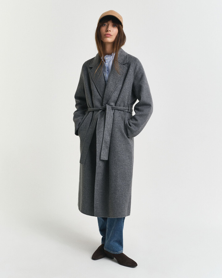handstitched belted coat - charcoal melange