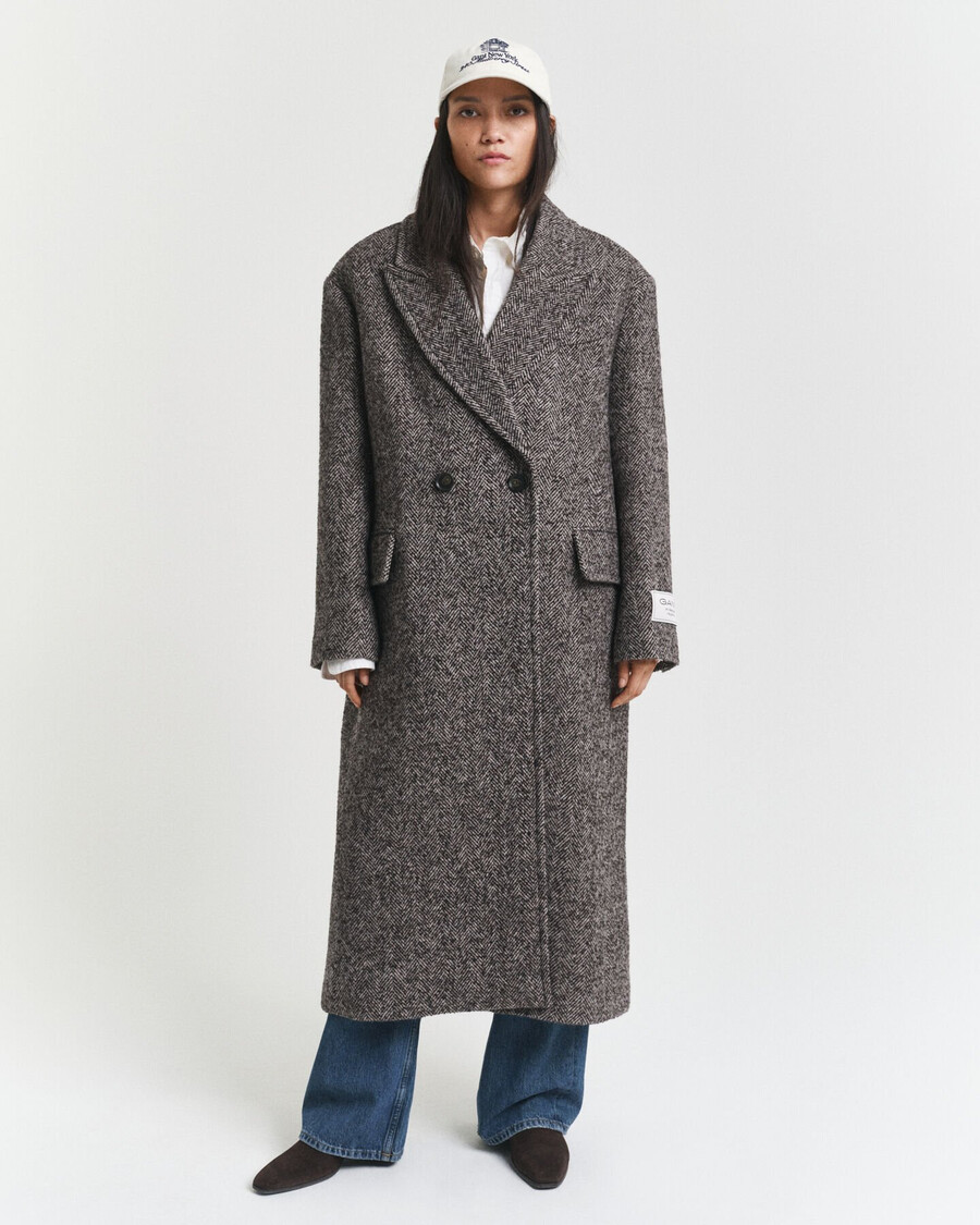 herringbone wool blend overcoat - dark brown melange