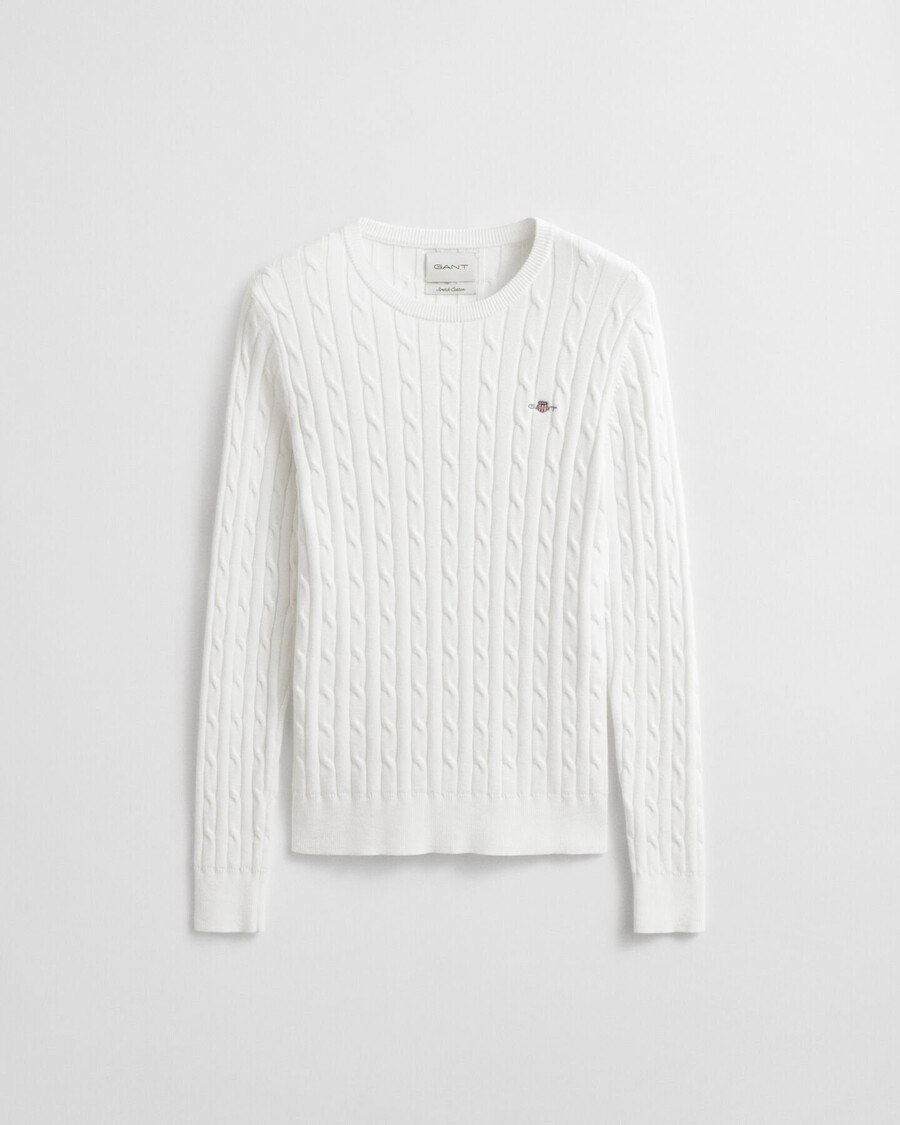 stretch cotton cable knit crew neck sweater - eggshell