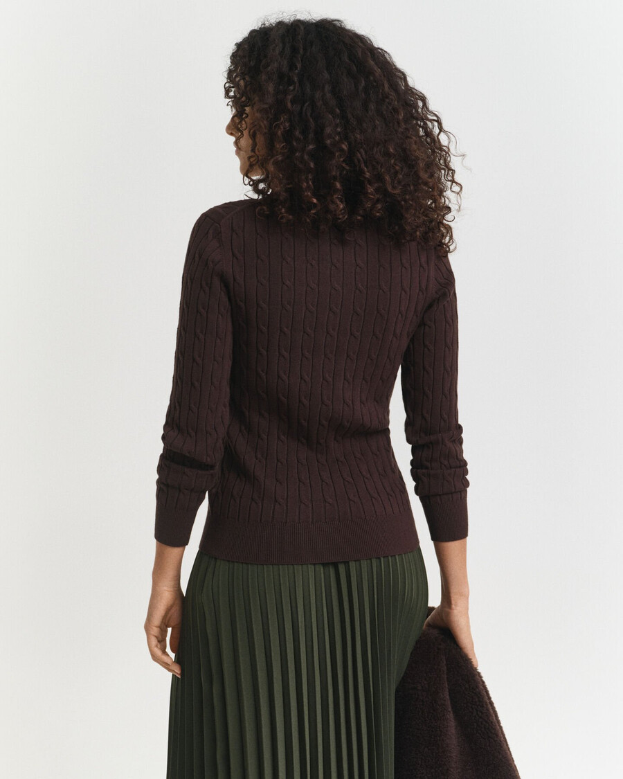stretch cotton cable knit crew neck sweater - deep brown