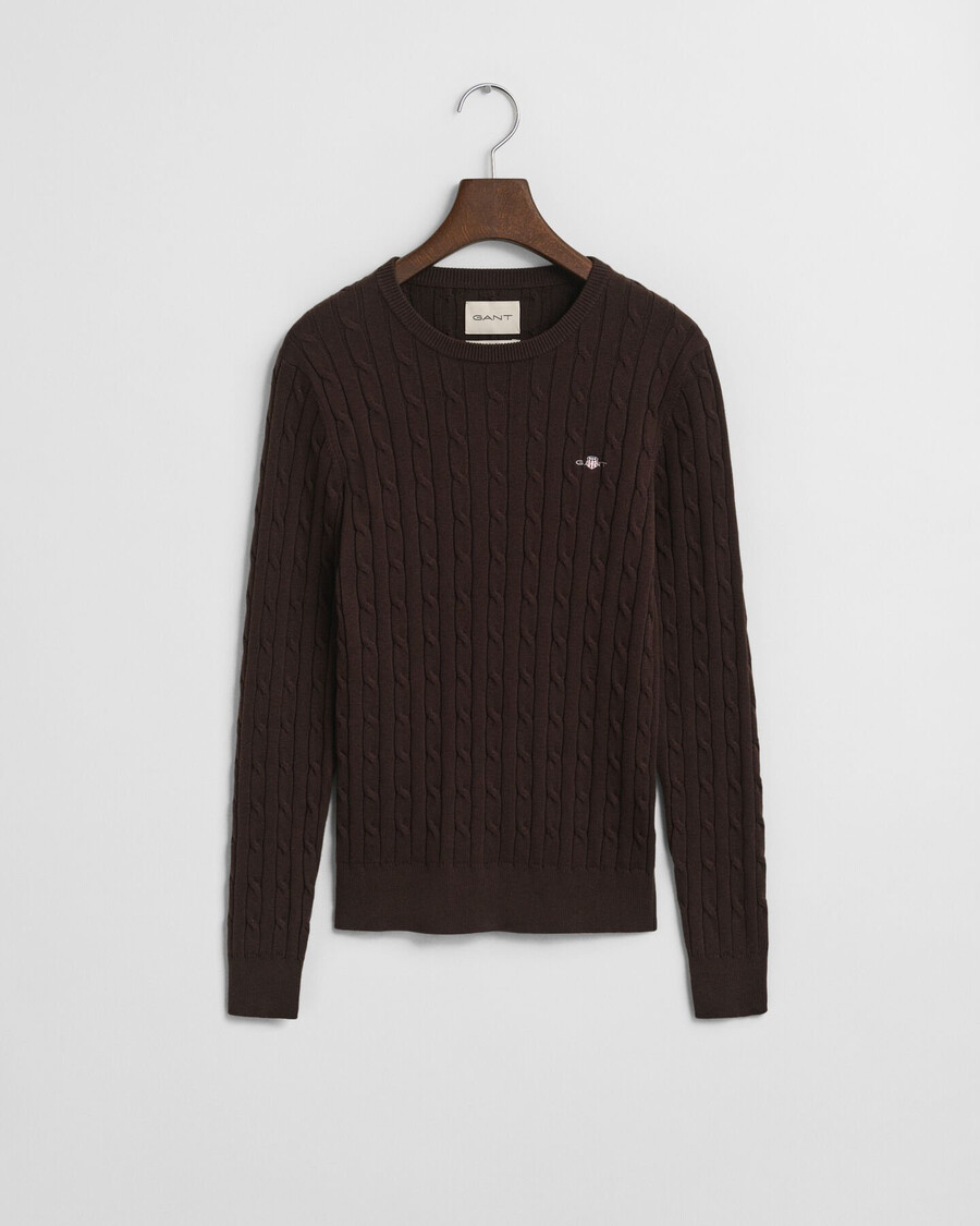 stretch cotton cable knit crew neck sweater - deep brown