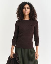 stretch cotton cable knit crew neck sweater - deep brown