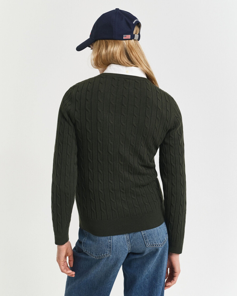 stretch cotton cable knit crew neck sweater - dark moss green
