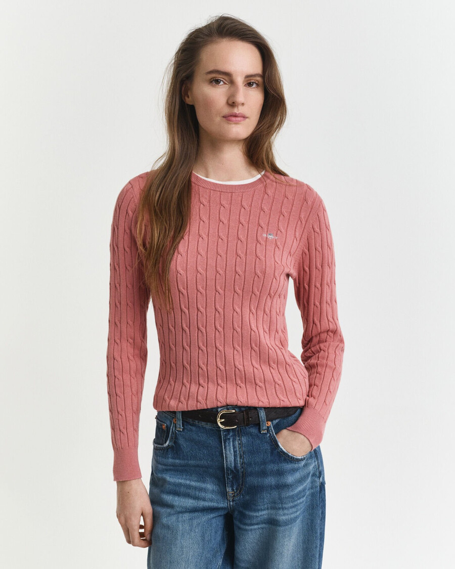 stretch cotton cable knit crew neck sweater - faded brick