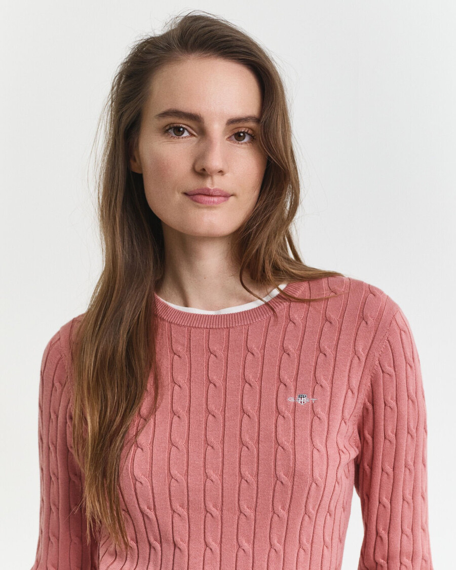stretch cotton cable knit crew neck sweater - faded brick