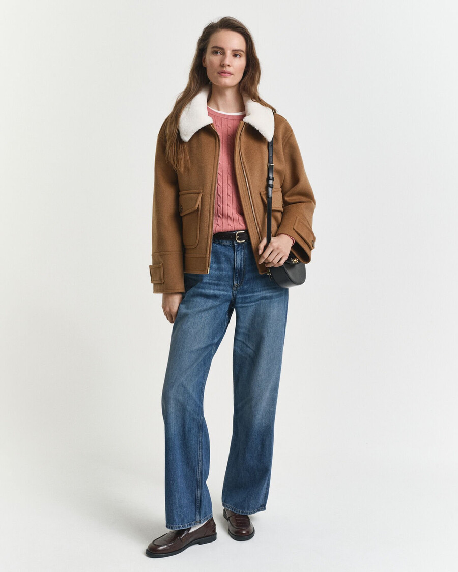 stretch cotton cable knit crew neck sweater - faded brick