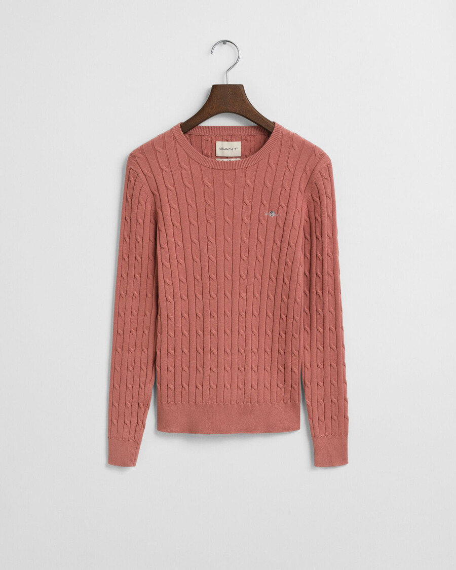 stretch cotton cable knit crew neck sweater - faded brick