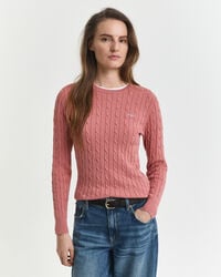 stretch cotton cable knit crew neck sweater - faded brick