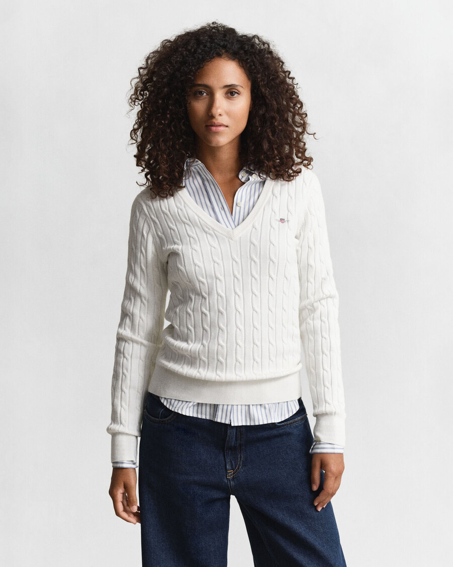 stretch cotton cable knit vneck sweater - eggshell