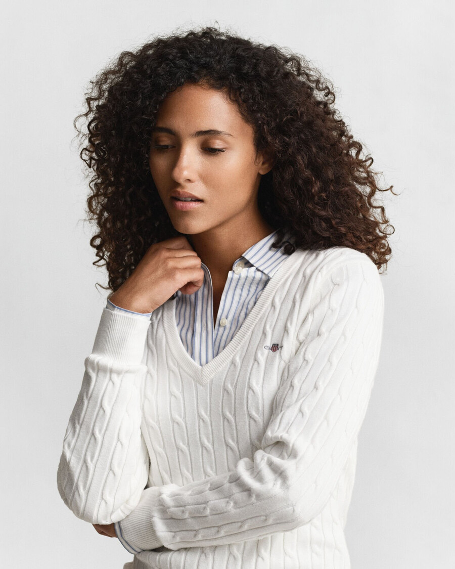 stretch cotton cable knit vneck sweater - eggshell