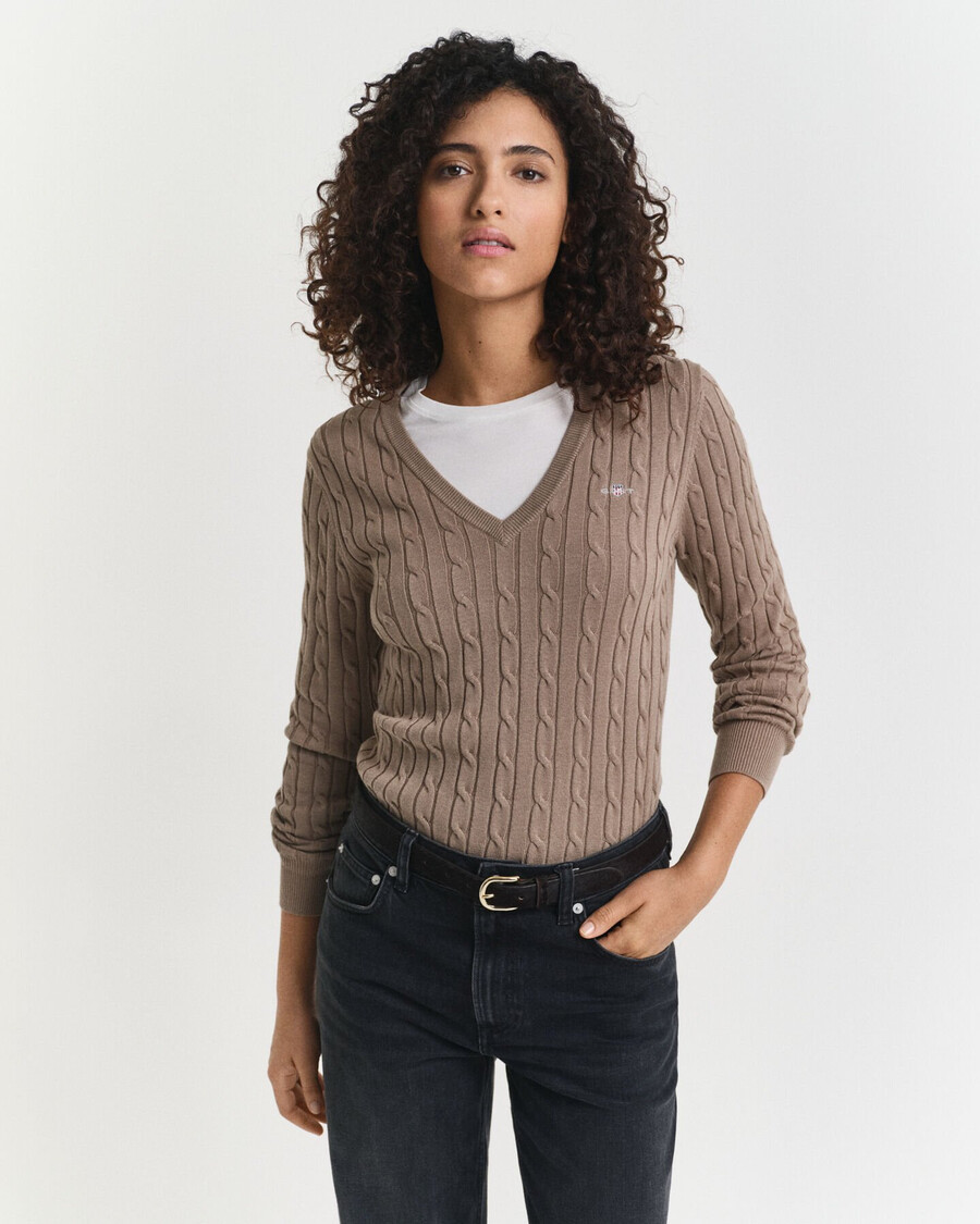 stretch cotton cable knit vneck sweater - taupe beige