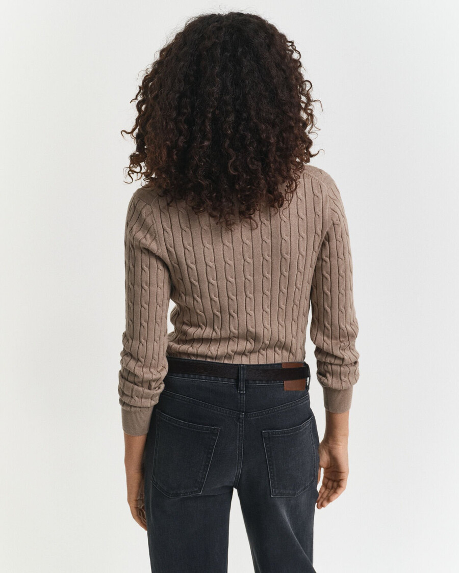 stretch cotton cable knit vneck sweater - taupe beige