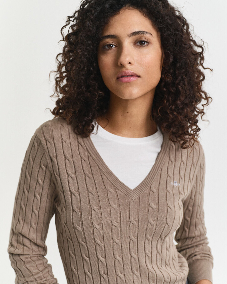 stretch cotton cable knit vneck sweater - taupe beige