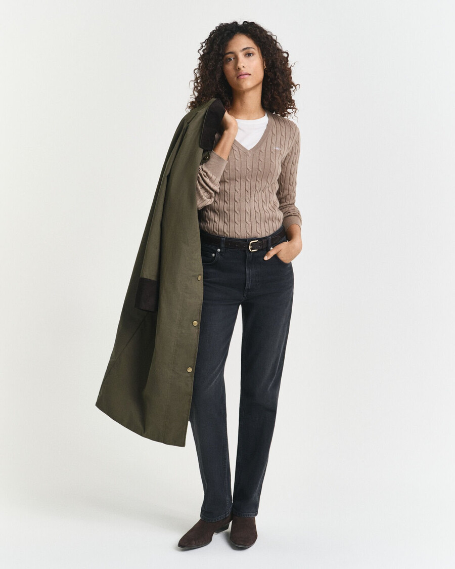 stretch cotton cable knit vneck sweater - taupe beige