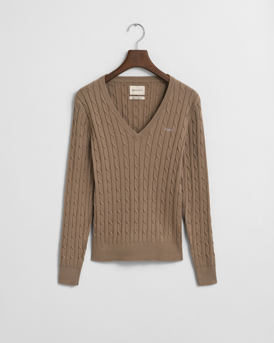 stretch cotton cable knit vneck sweater - taupe beige