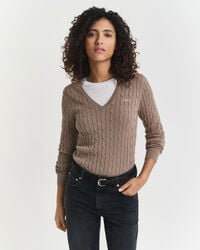 stretch cotton cable knit vneck sweater - taupe beige
