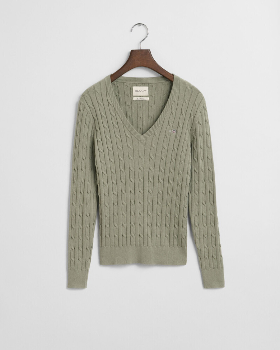 stretch cotton cable knit vneck sweater - faded sage