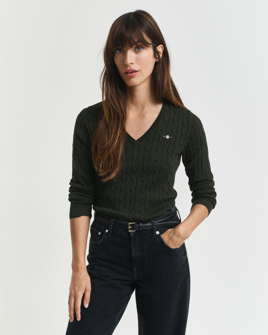 stretch cotton cable knit vneck sweater - dark moss green