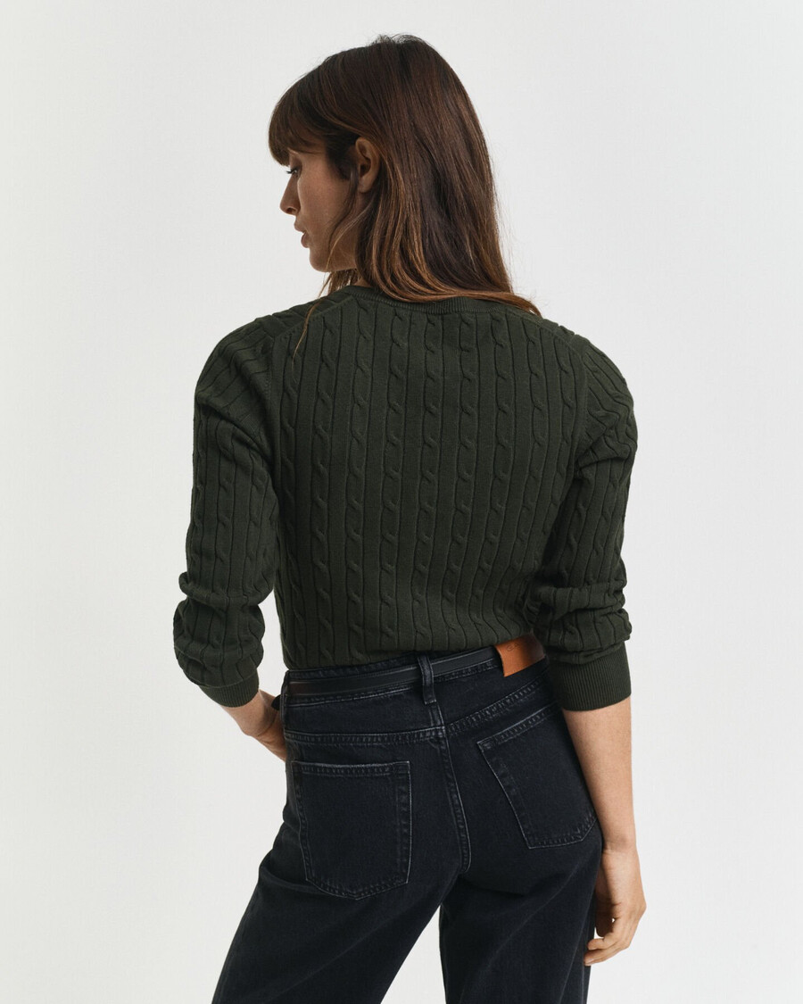 stretch cotton cable knit vneck sweater - dark moss green