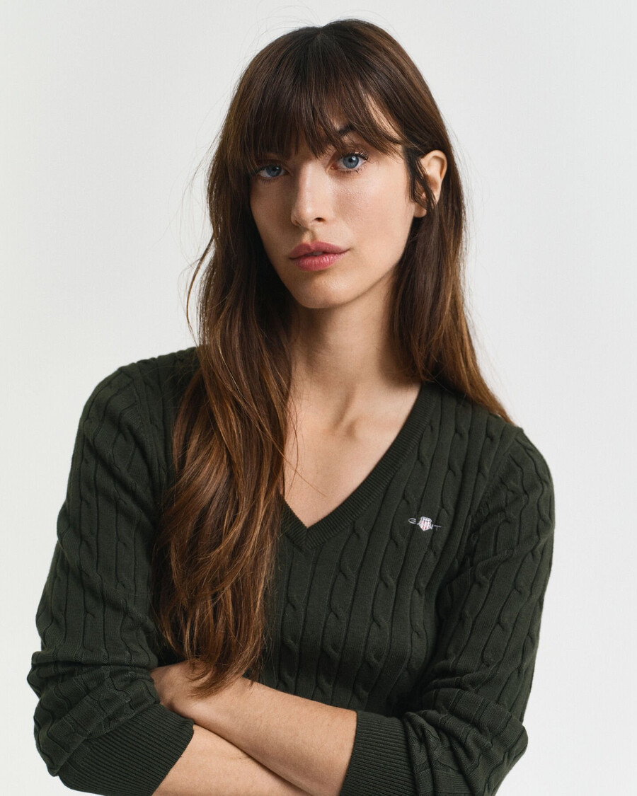 stretch cotton cable knit vneck sweater - dark moss green