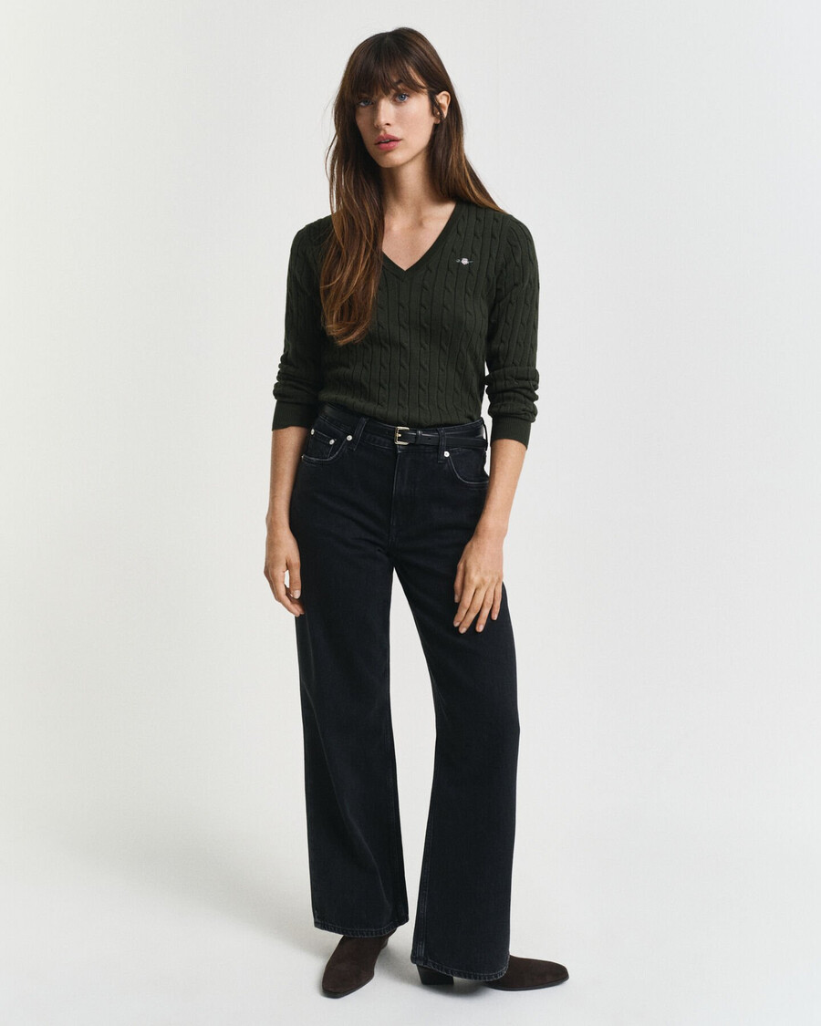stretch cotton cable knit vneck sweater - dark moss green