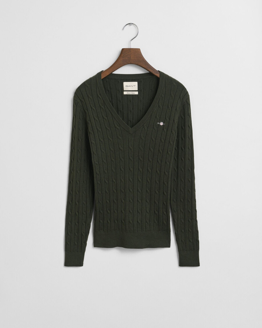 stretch cotton cable knit vneck sweater - dark moss green