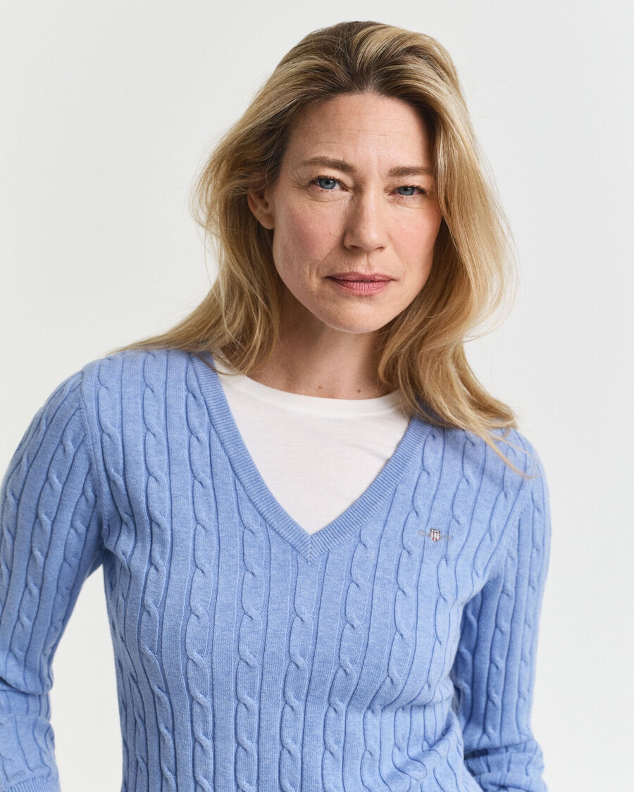 stretch cotton cable knit vneck sweater - clear sky