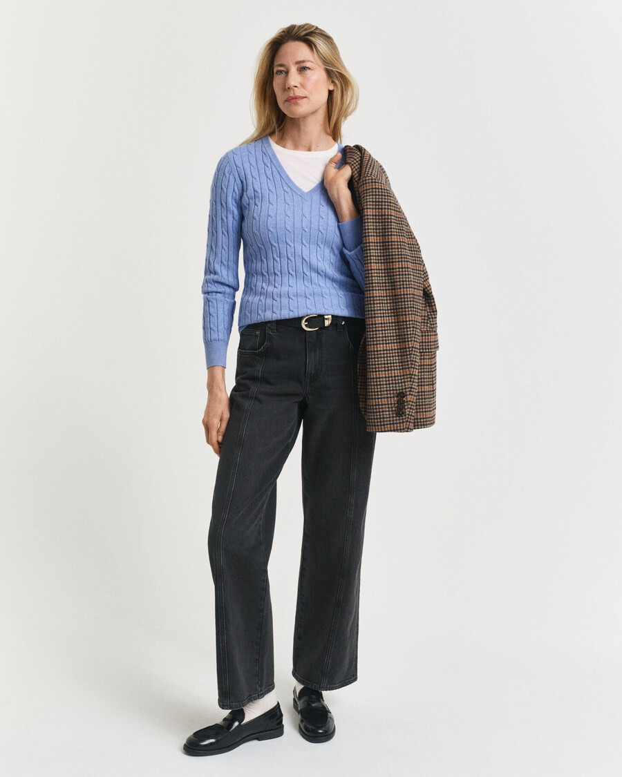 stretch cotton cable knit vneck sweater - clear sky