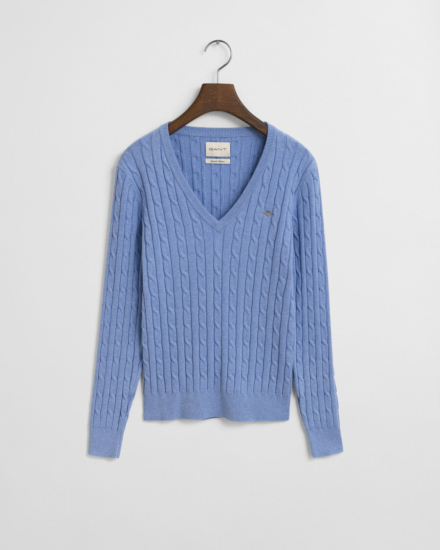stretch cotton cable knit vneck sweater - clear sky