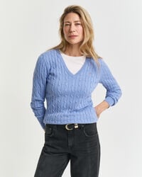 stretch cotton cable knit vneck sweater - clear sky