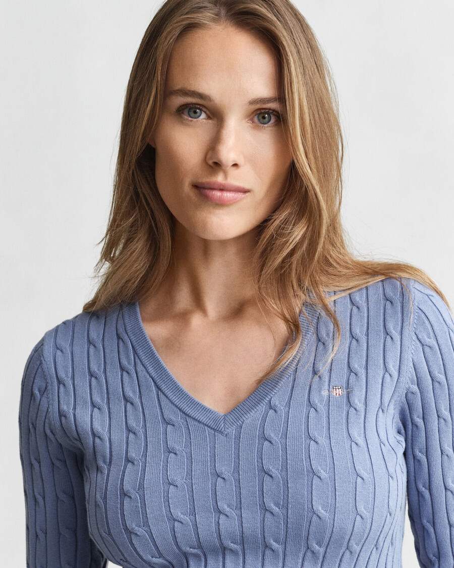 stretch cotton cable knit vneck sweater - faded denim