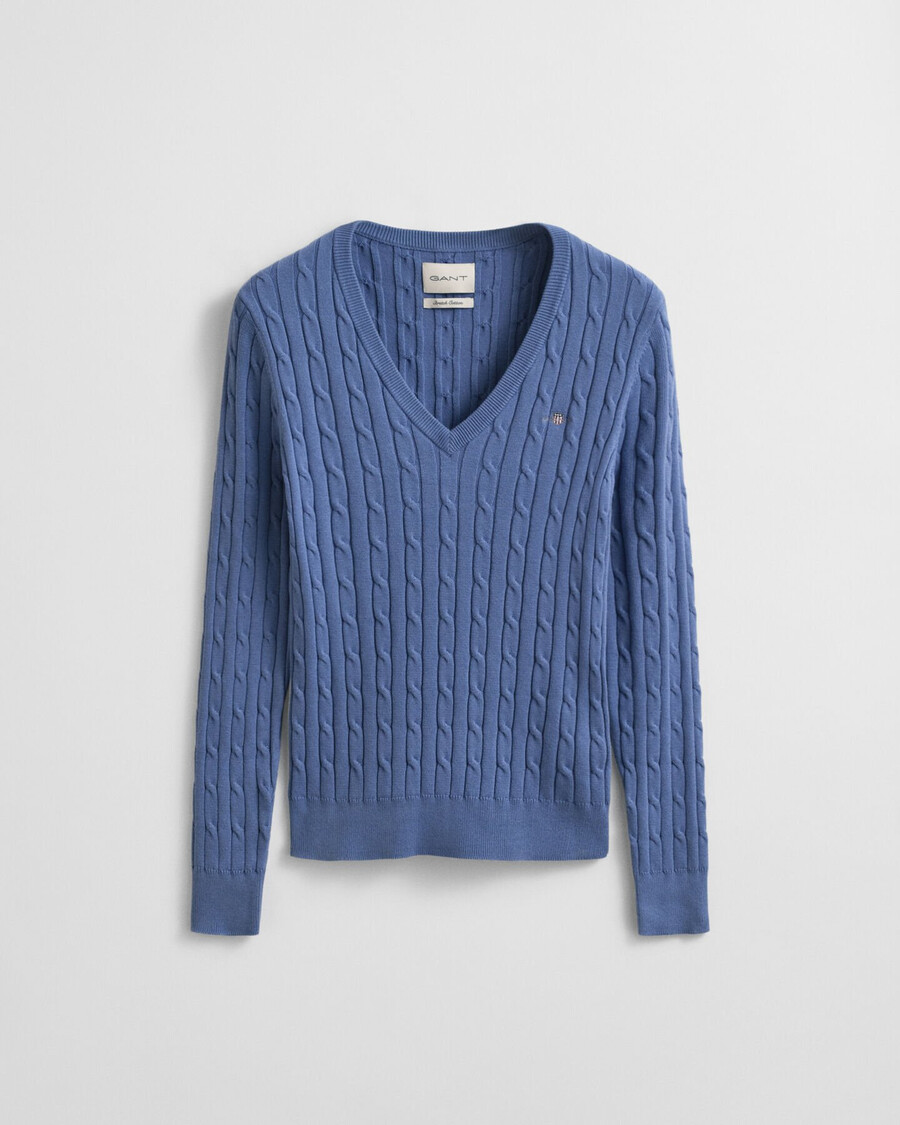 stretch cotton cable knit vneck sweater - faded denim