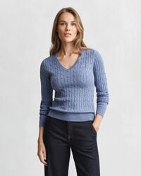 stretch cotton cable knit vneck sweater - faded denim
