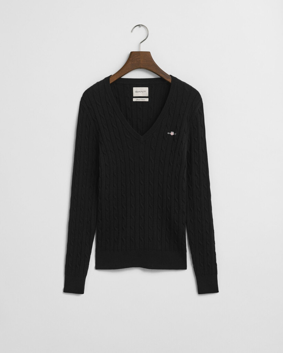 stretch cotton cable knit vneck sweater - black