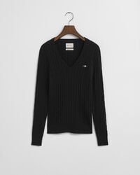 stretch cotton cable knit vneck sweater - black