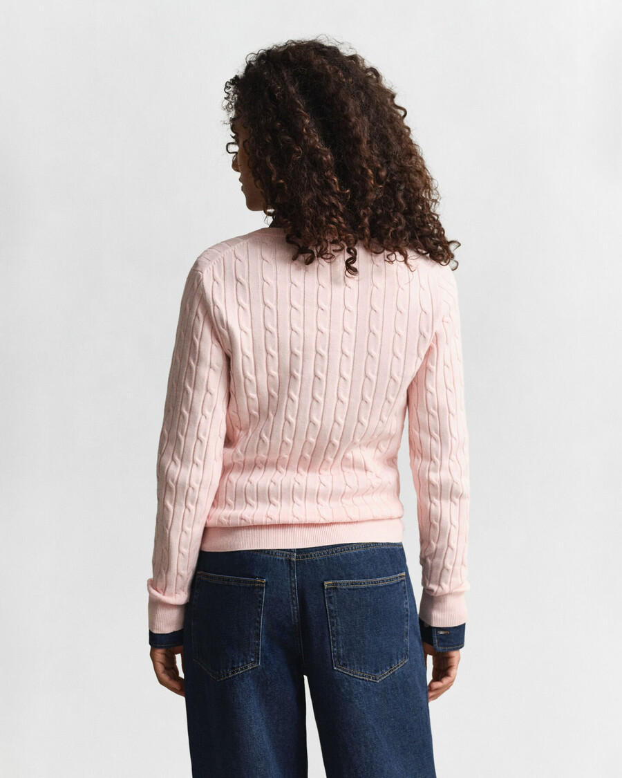 stretch cotton cable knit vneck sweater - apricot pink