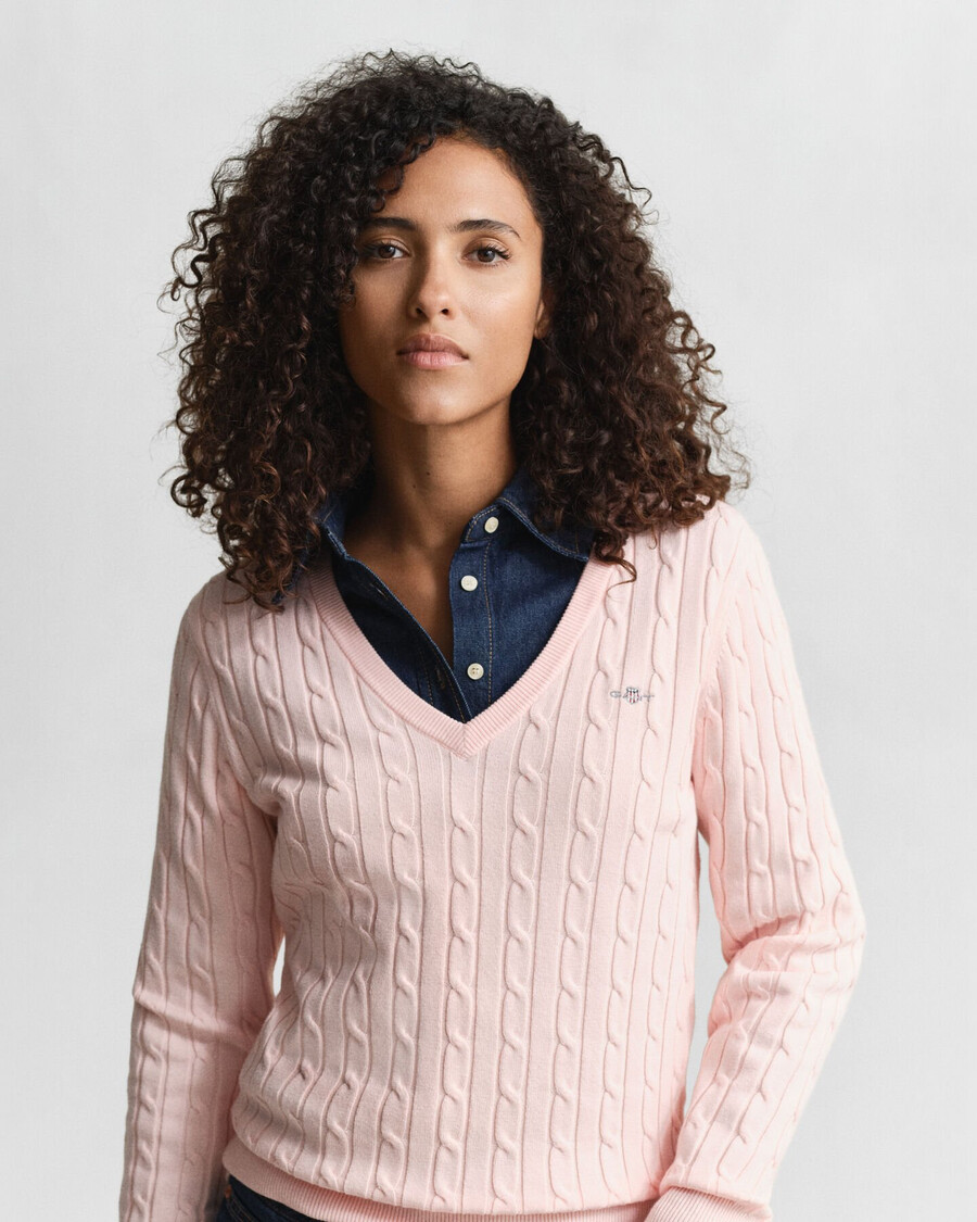 stretch cotton cable knit vneck sweater - apricot pink