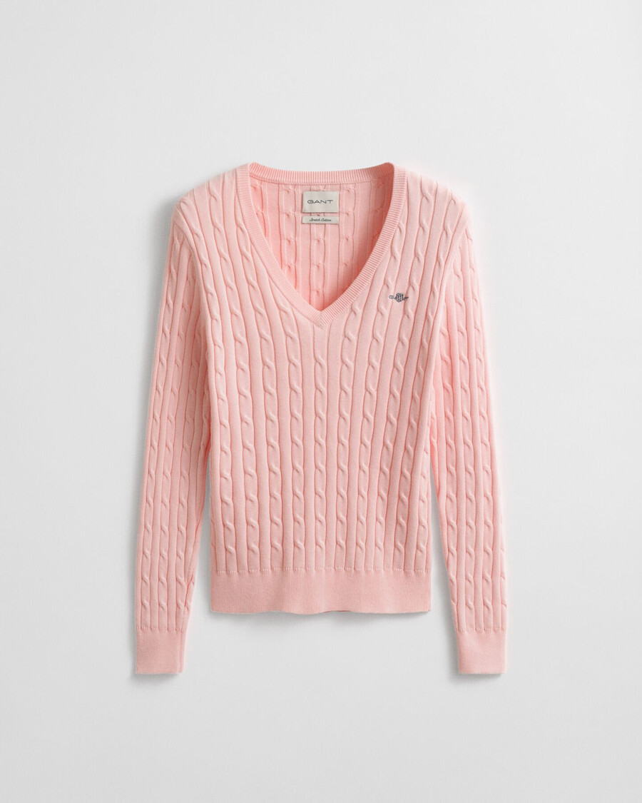 stretch cotton cable knit vneck sweater - apricot pink