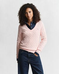 stretch cotton cable knit vneck sweater - apricot pink
