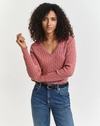 stretch cotton cable knit vneck sweater - faded brick