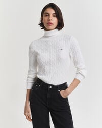 stretch cotton cable knit turtleneck sweater - eggshell