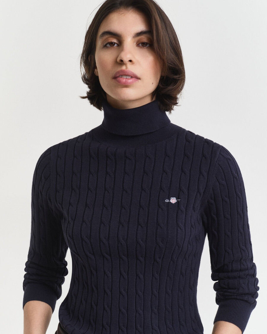 stretch cotton cable knit turtleneck sweater - evening blue