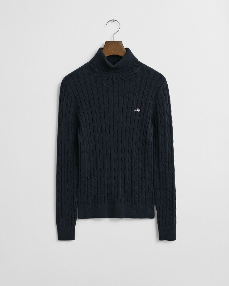 stretch cotton cable knit turtleneck sweater - evening blue