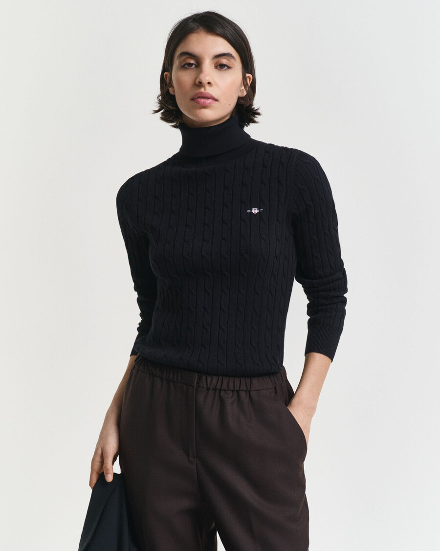 stretch cotton cable knit turtleneck sweater - black