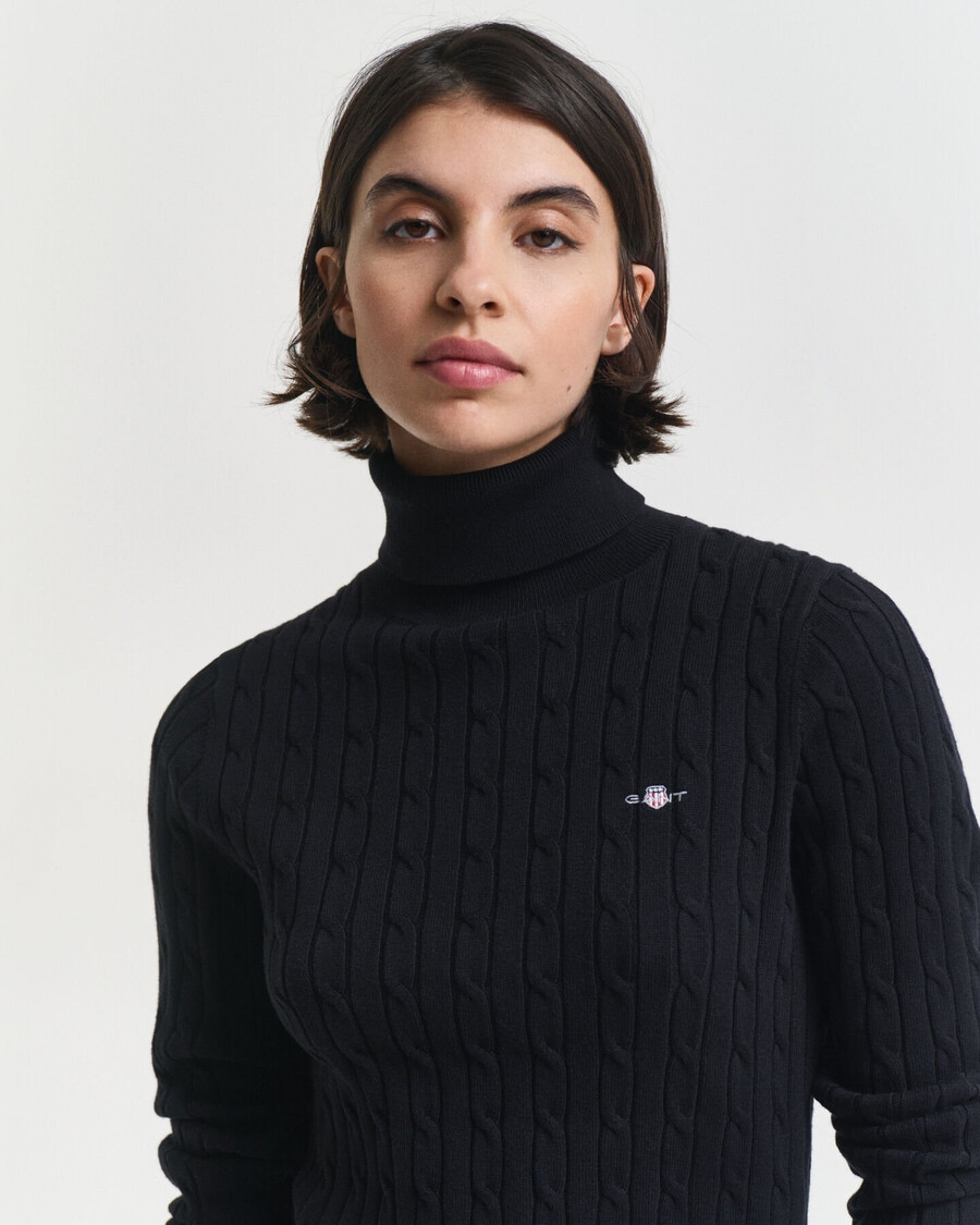 stretch cotton cable knit turtleneck sweater - black