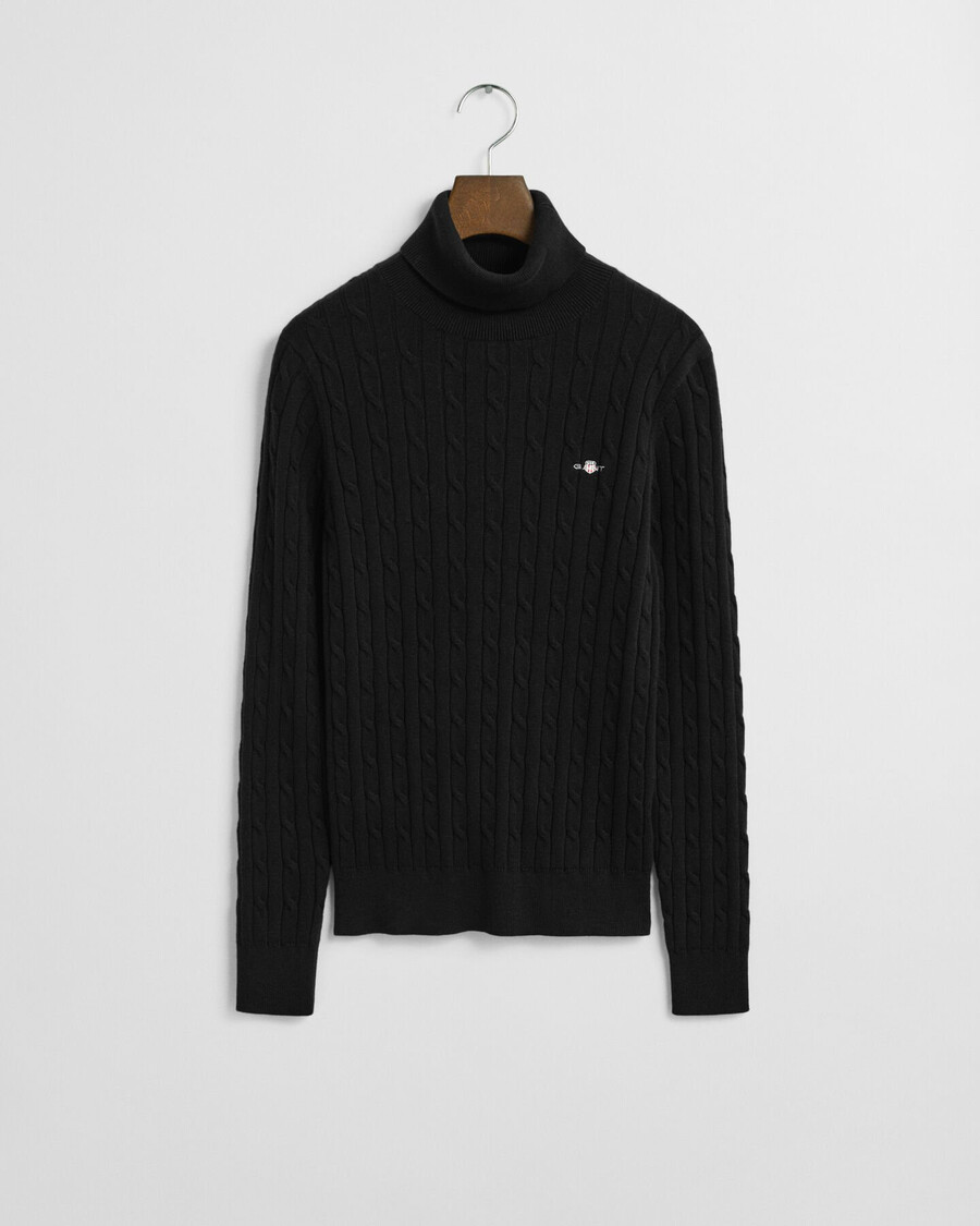 stretch cotton cable knit turtleneck sweater - black